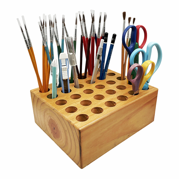 30-Hole Solid Wood Paintbrush & Tool Organizer Block
