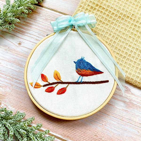 Red Leaves & Blue Bird Printed Embroidery Kit